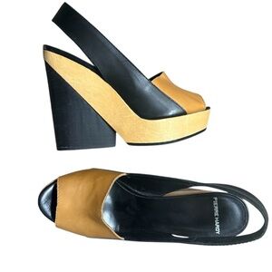 Pierre Hardy NWT  size 8 wood & leather  Black and Tan Platform Slingbacks